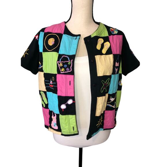 Michael Simon Size M Shirt Embroidered Patchwork Color Block Summer Beach Black - Picture 1 of 7